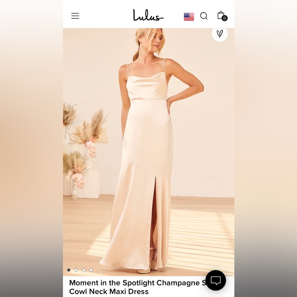 Lulus Women’s champagne satin cowl neck maxi dress xs